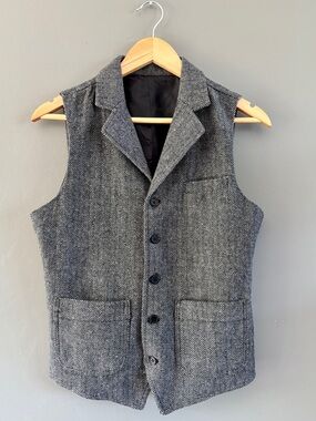 Vintage Grey Herringbone Tweed Waistcoat Cinch Back Full Cloth Slim Small